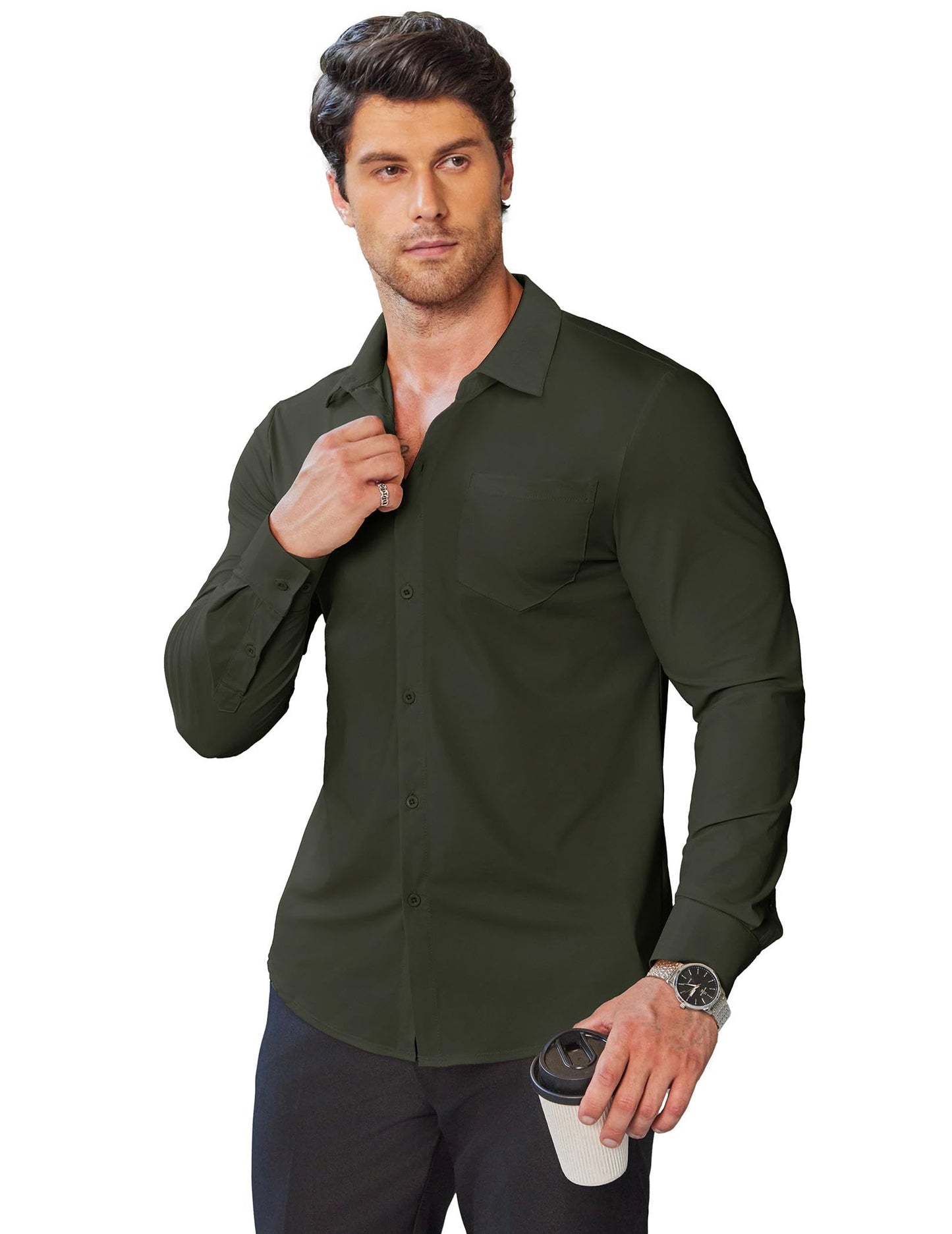 COOFANDY Stretch Mens Dress Shirts Wrinkle Free Long Sleeve Dress Shirt Muscle Fit Button Down Shirt
