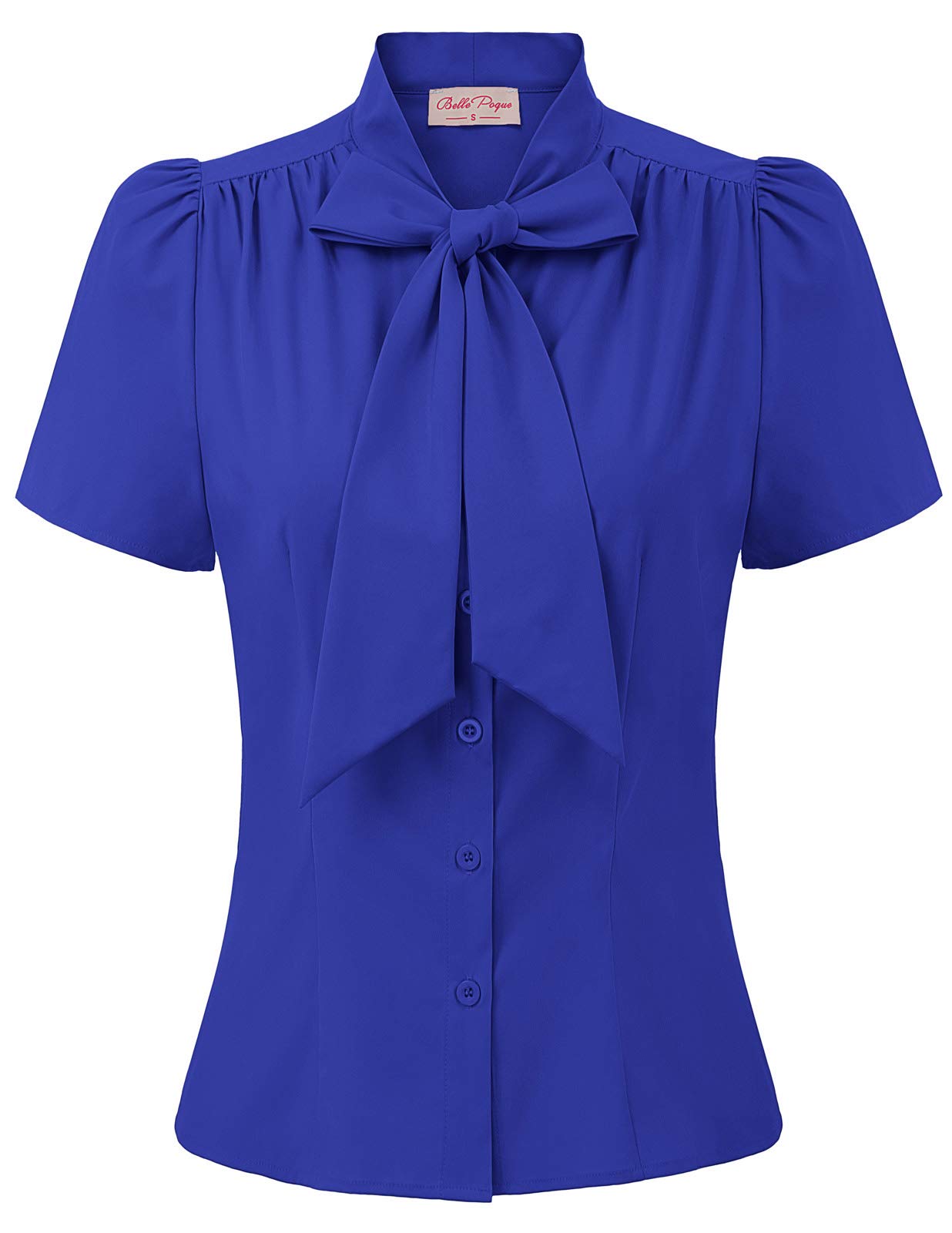 Belle Poque Summer Short Sleeve Office Button Down Blouse Stripe Shirt Tops with Bow Tie BP573