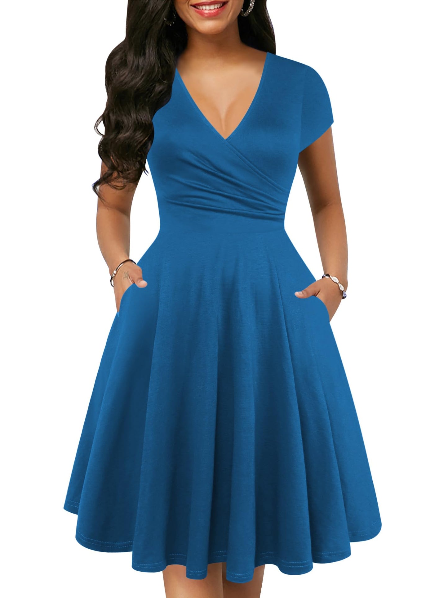 oxiuly Women's Vintage Dot V-Neck Cap Sleeve Casual Pockets Swing Tea Dress OX296
