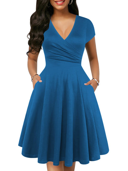oxiuly Women's Vintage Dot V-Neck Cap Sleeve Casual Pockets Swing Tea Dress OX296
