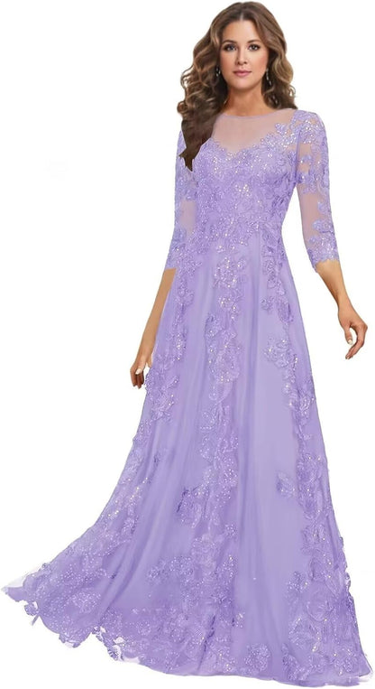 Lace Mother of the Bride Dress Long for Wedding Party Guest 3/4 Sleeves Formal Evening Gown JH028