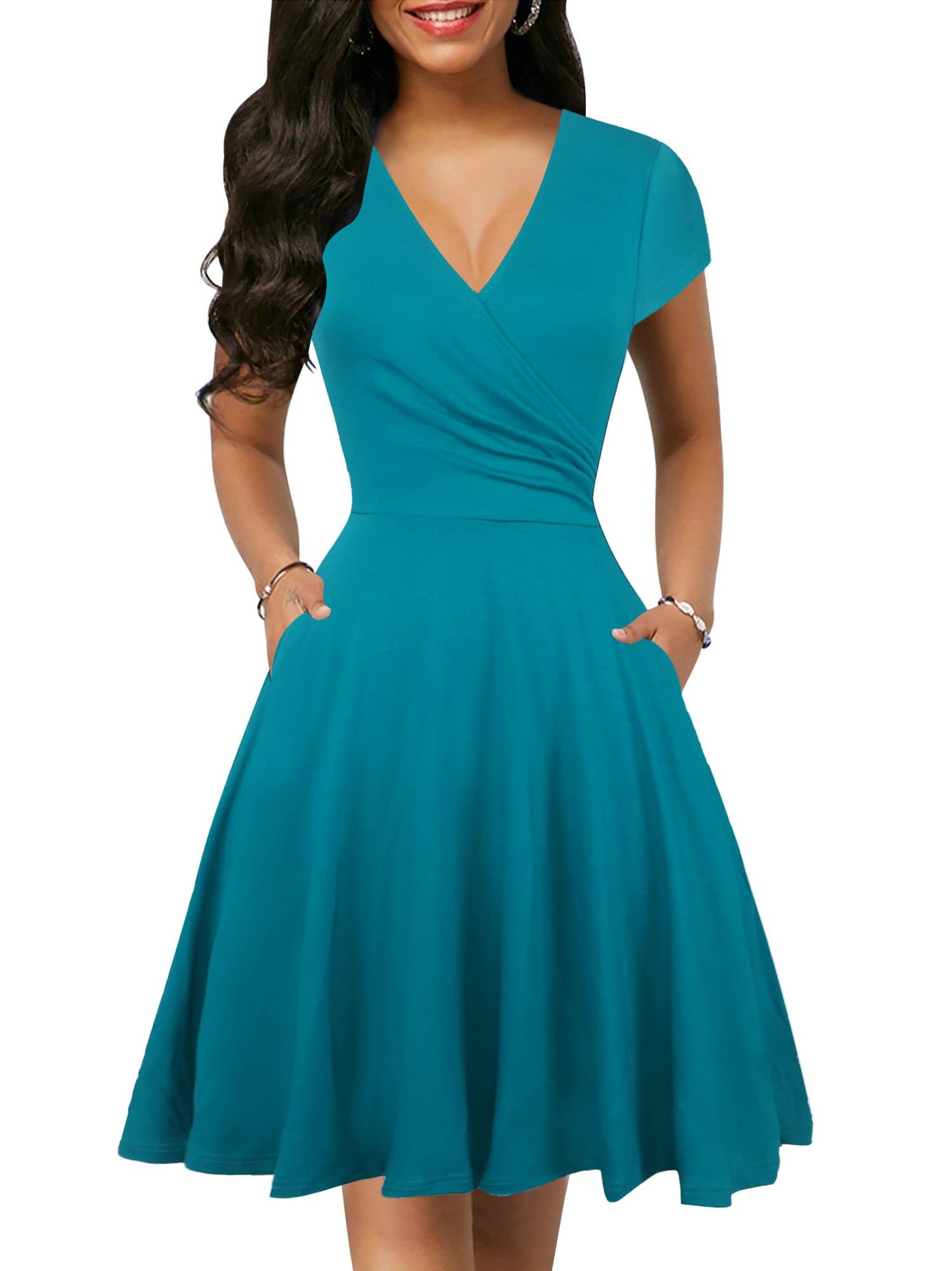 oxiuly Women's Vintage Dot V-Neck Cap Sleeve Casual Pockets Swing Tea Dress OX296