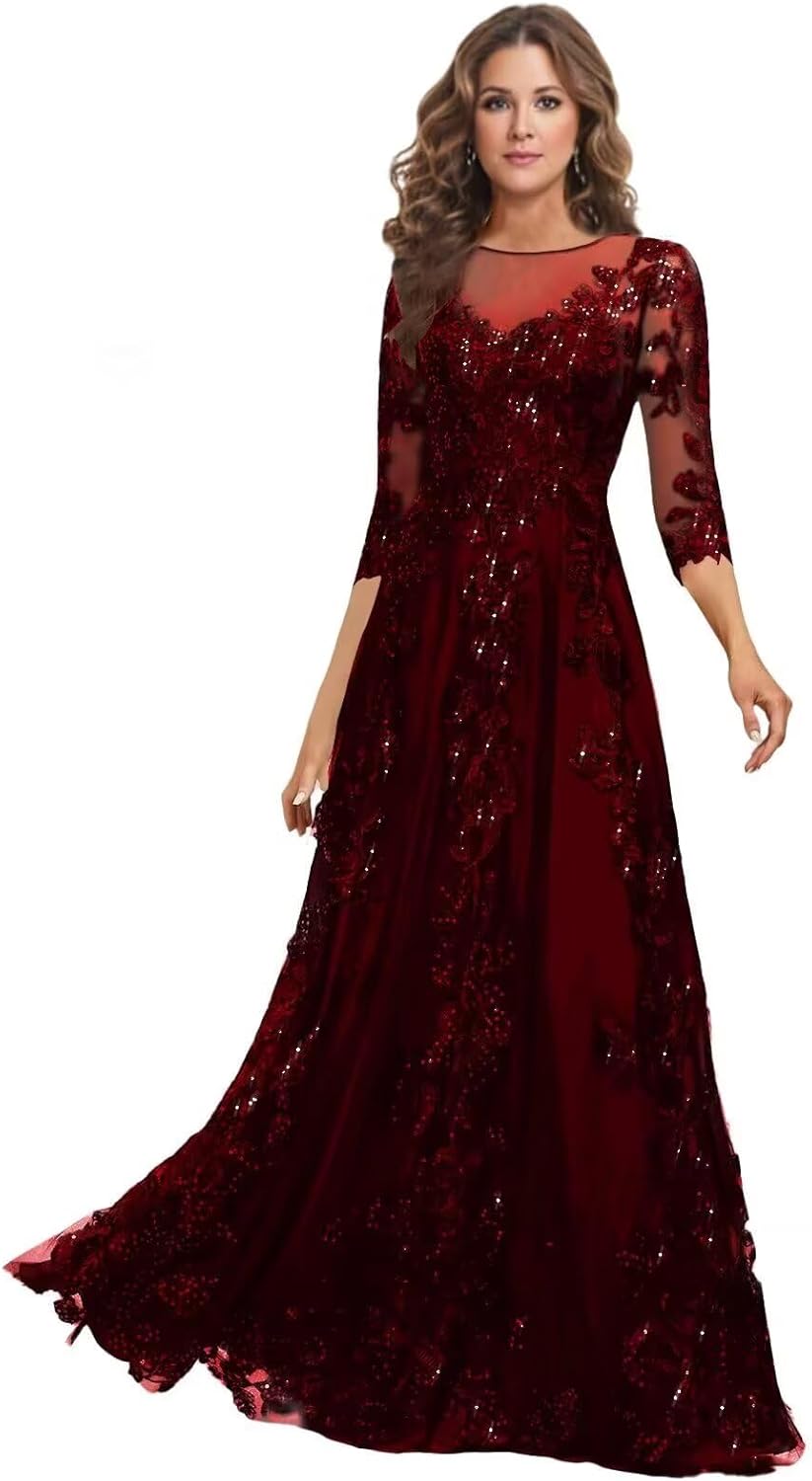 Lace Mother of the Bride Dress Long for Wedding Party Guest 3/4 Sleeves Formal Evening Gown JH028