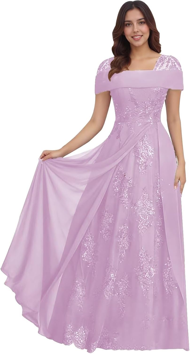 Lace Sequin Applique Mother of The Bride Dresses for Wedding Cap Sleeve A Line Long Wedding Guest Dresses for Women