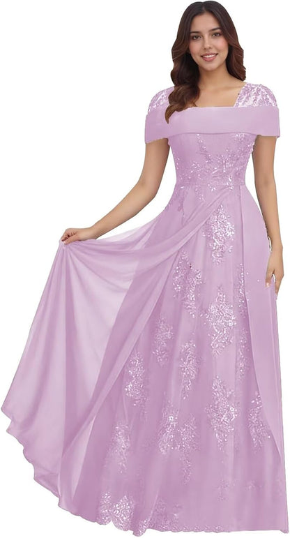 Lace Sequin Applique Mother of The Bride Dresses for Wedding Cap Sleeve A Line Long Wedding Guest Dresses for Women