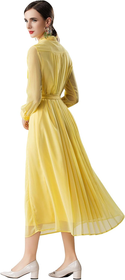 Women's 2026 Spring Fall Midi Dress with Belt Casual Long Sleeve Lace V Neck Pleated A Line Flowy Dresses for Work or Daily