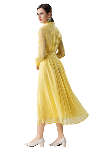 Women's 2026 Spring Fall Midi Dress with Belt Casual Long Sleeve Lace V Neck Pleated A Line Flowy Dresses for Work or Daily