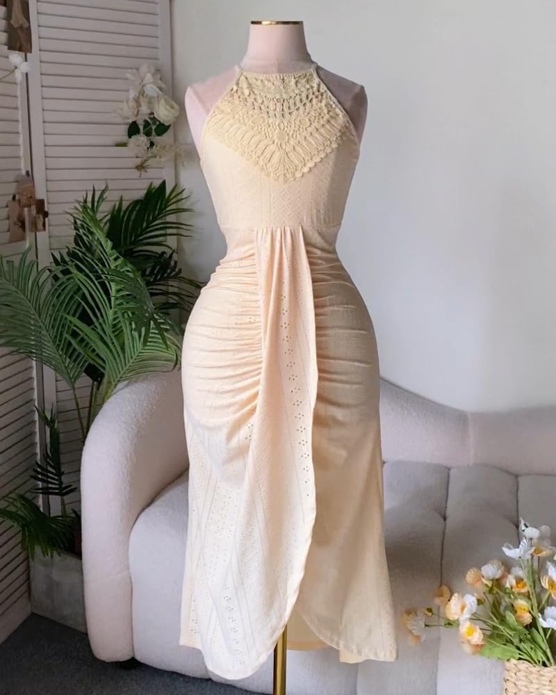CHICME Womens Summer Halter Dress Hollow Out A Line Vacation Dresses with Eyelet Embroidery & Side Slit