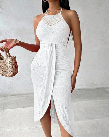CHICME Womens Summer Halter Dress Hollow Out A Line Vacation Dresses with Eyelet Embroidery & Side Slit