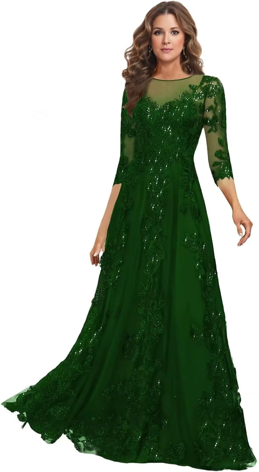 Lace Mother of the Bride Dress Long for Wedding Party Guest 3/4 Sleeves Formal Evening Gown JH028