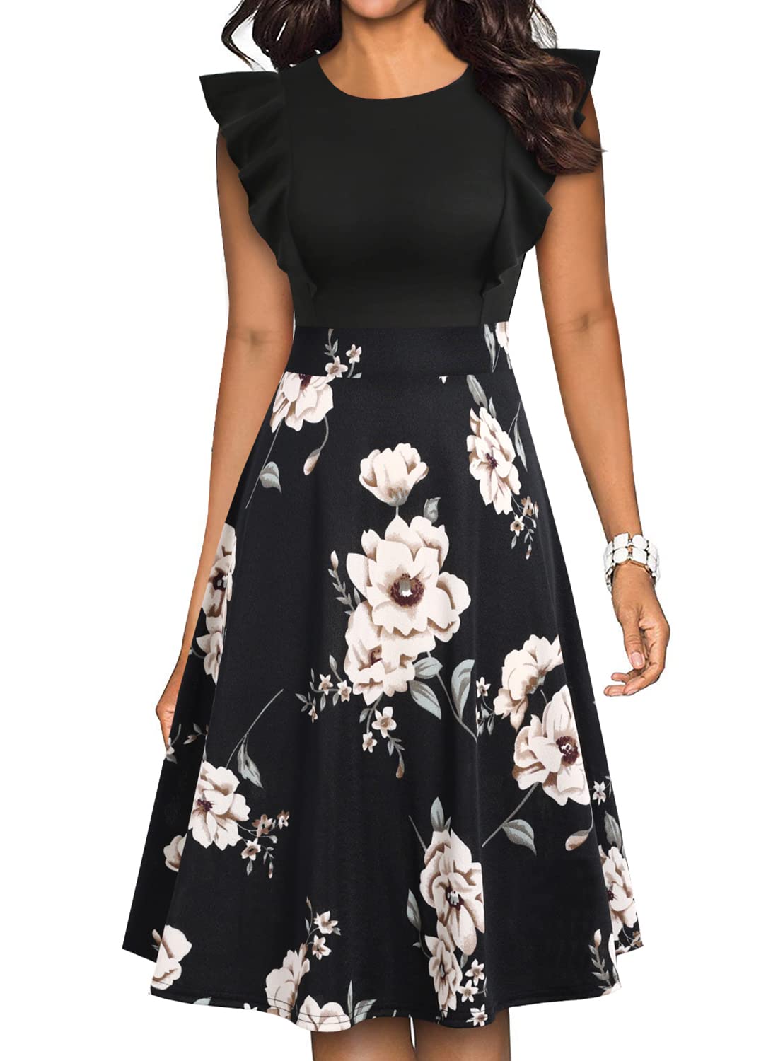 YATHON Women's Vintage Ruffle Floral Flared A Line Swing Casual Cocktail Party Dresses