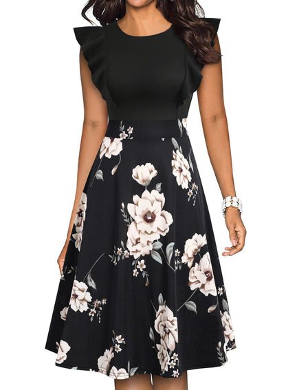 YATHON Women's Vintage Ruffle Floral Flared A Line Swing Casual Cocktail Party Dresses