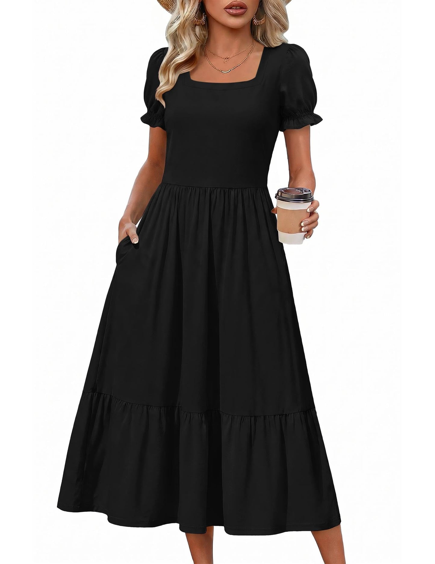 Zeagoo Summer Dresses for Women Flowy Casual Midi Dress Short Sleeve Tiered Dress Beach Vacation Sundresses with Pockets