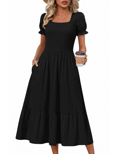 Zeagoo Summer Dresses for Women Flowy Casual Midi Dress Short Sleeve Tiered Dress Beach Vacation Sundresses with Pockets