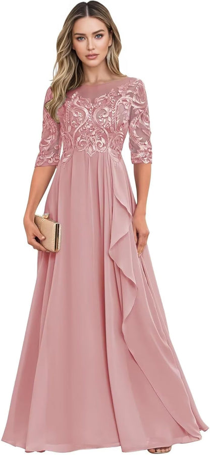 Long Mother of The Bride Dresses for Wedding Guest Half Sleeves Ruffle A Line Evening Party Gown HX012