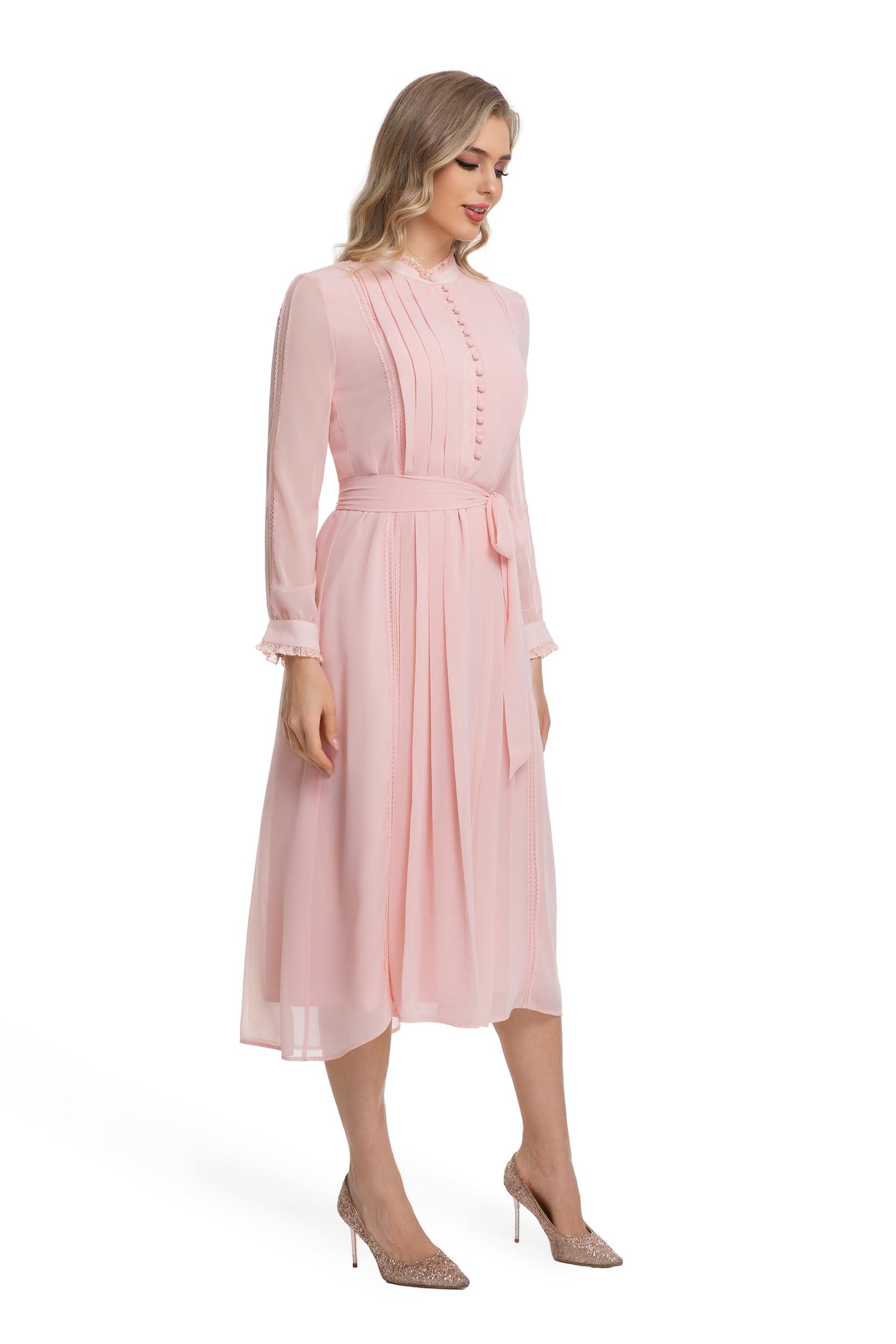 Women's 2026 Spring Fall Midi Dress with Belt Casual Long Sleeve Lace V Neck Pleated A Line Flowy Dresses for Work or Daily