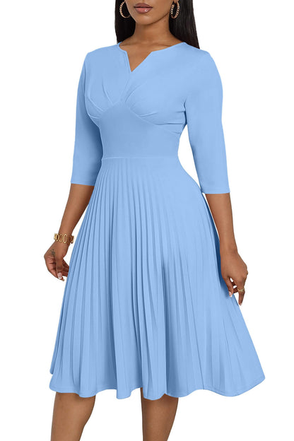 CLOCOR Midi Dresses for Women, 3/4 Sleeve A Line Pleated Casual Dress V Neck Church Cocktail Wedding Guest Dress