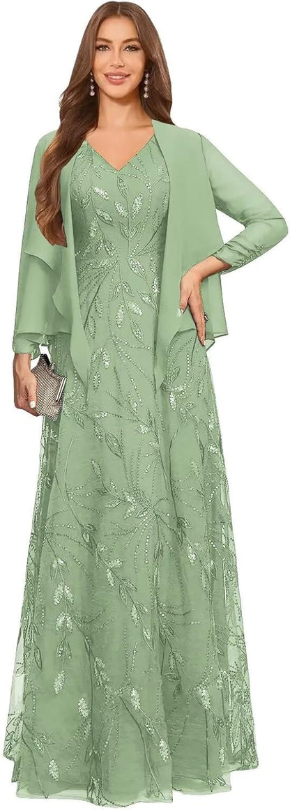 2 Piece Sequin Lace Mother of The Bride Dresses for Women with Jacket V Neck Long Formal Dresses Evening Gown