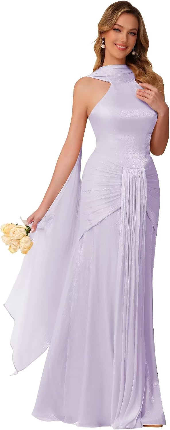 Halter Bridesmaid Dresses Long with Scarf Shimmer Chiffon Formal Dress Pleated Mermaid Evening Gowns for Women
