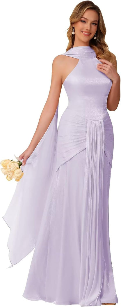 Halter Bridesmaid Dresses Long with Scarf Shimmer Chiffon Formal Dress Pleated Mermaid Evening Gowns for Women