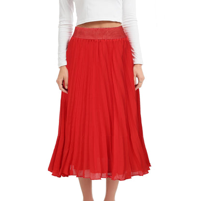 Womens Chiffon High Waist Skirt Pleated A-Line Swing Elastic Shirring Midi Length