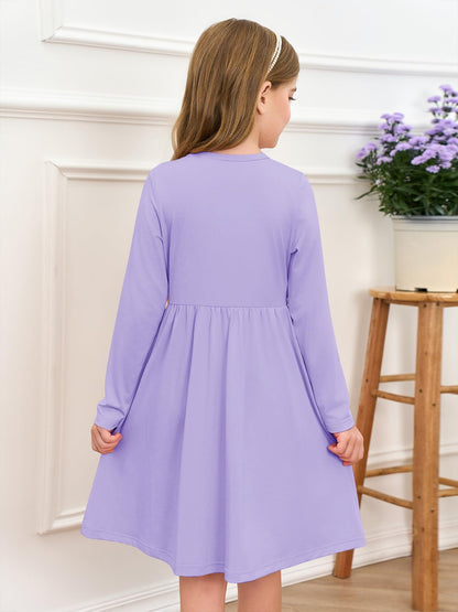 Girls Dresses Kids Button Down Midi Long Sleeve Casual A Line Dress with Pockets 4-14 Years