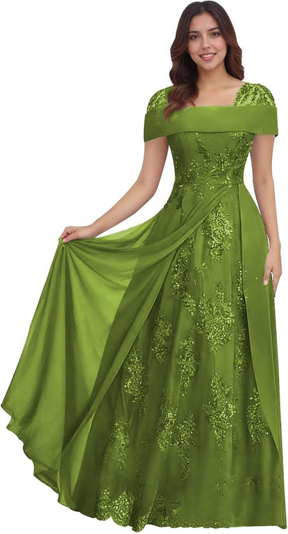 Lace Sequin Applique Mother of The Bride Dresses for Wedding Cap Sleeve A Line Long Wedding Guest Dresses for Women