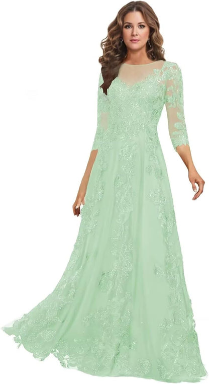 Lace Mother of the Bride Dress Long for Wedding Party Guest 3/4 Sleeves Formal Evening Gown JH028
