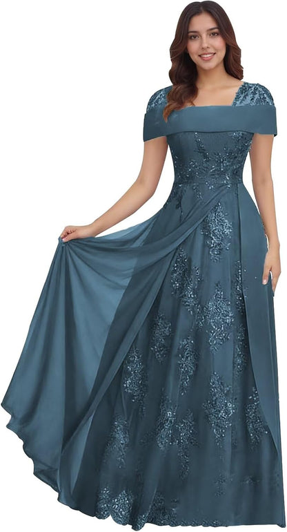 Lace Sequin Applique Mother of The Bride Dresses for Wedding Cap Sleeve A Line Long Wedding Guest Dresses for Women