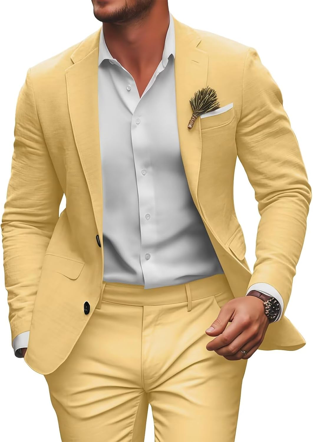 Retro Linen Mens Suit 2 Pieces Slim Fit Light Weight Beach Summer Wedding Tuxedo Set Jacket Blazer Pants for Men