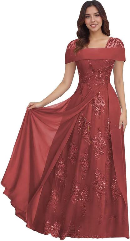 Lace Sequin Applique Mother of The Bride Dresses for Wedding Cap Sleeve A Line Long Wedding Guest Dresses for Women