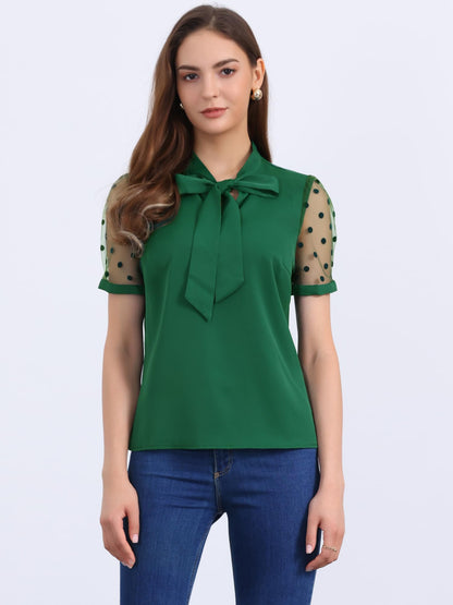 Allegra K Women's Bow Tie Neck V Neck Stand Collar Short Mesh Sleeve Blouse