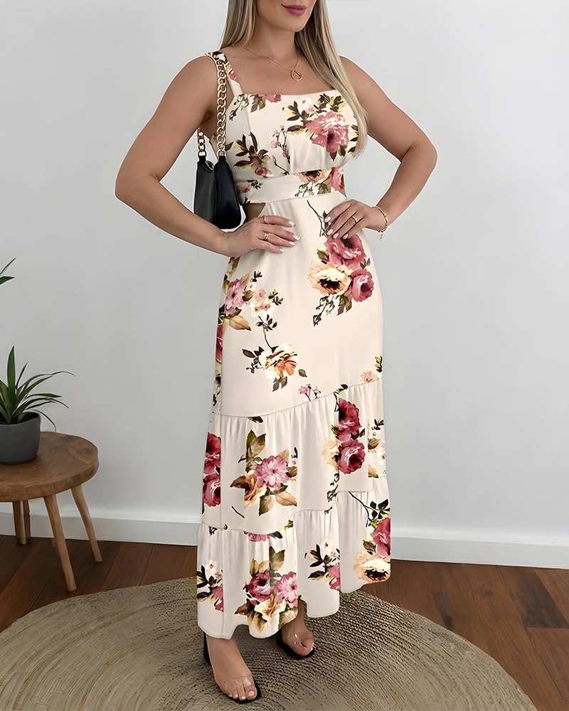 CHICME Summer Dresses for Women 2026 Sleeveless Casual Boho Maxi Dress Square Neck Cut Out Floral A Line Dress