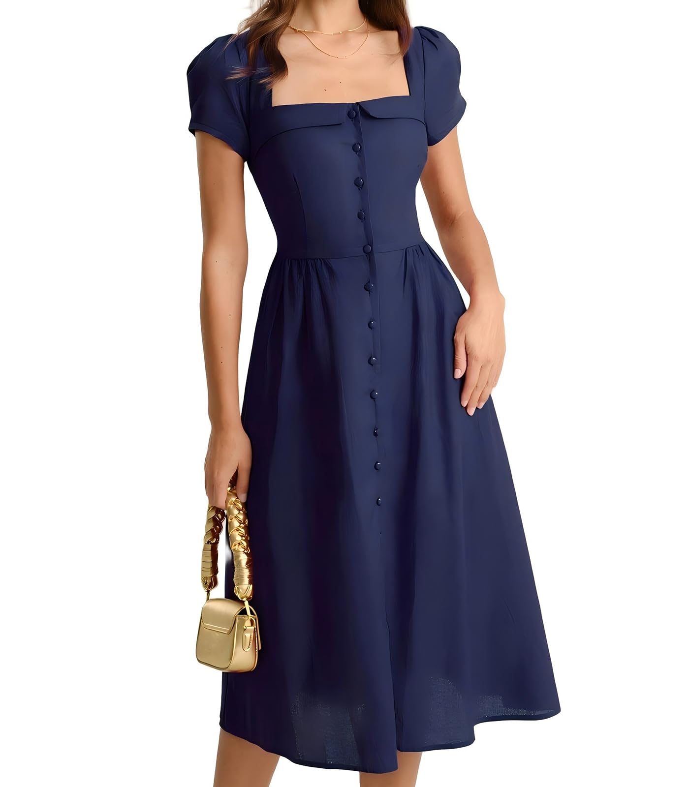 RIHOAS Elegant Casual Dresses for Women Short Sleeve Puff Square Neck A-Line Midi Dress