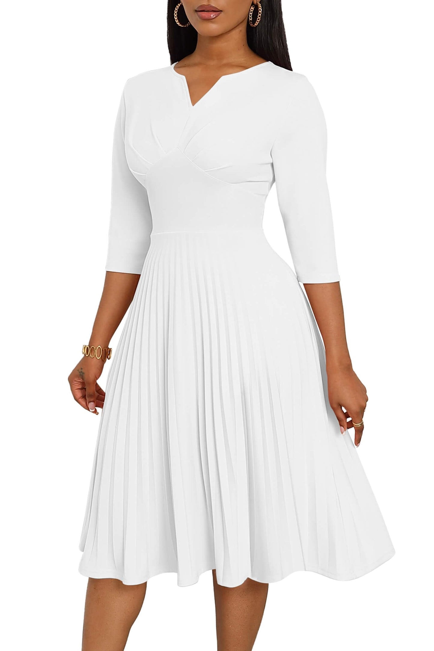 CLOCOR Midi Dresses for Women, 3/4 Sleeve A Line Pleated Casual Dress V Neck Church Cocktail Wedding Guest Dress