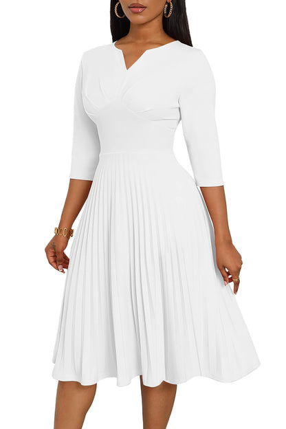 CLOCOR Midi Dresses for Women, 3/4 Sleeve A Line Pleated Casual Dress V Neck Church Cocktail Wedding Guest Dress