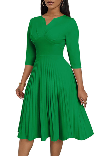 CLOCOR Midi Dresses for Women, 3/4 Sleeve A Line Pleated Casual Dress V Neck Church Cocktail Wedding Guest Dress