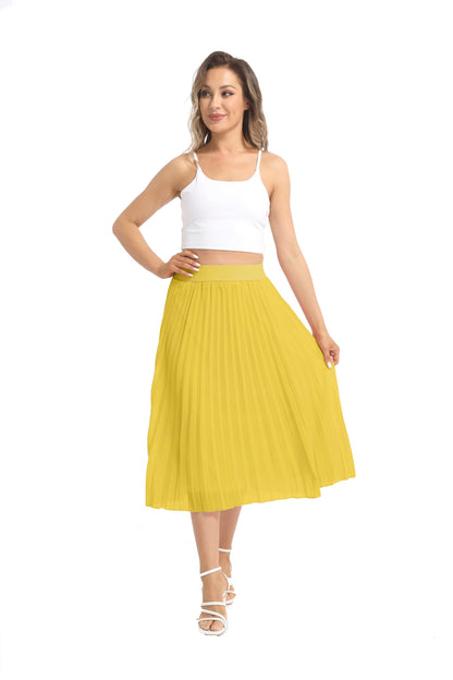 Womens Chiffon High Waist Skirt Pleated A-Line Swing Elastic Shirring Midi Length