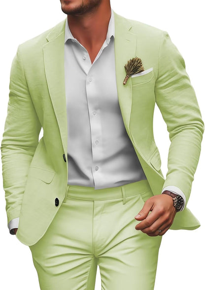 Retro Linen Mens Suit 2 Pieces Slim Fit Light Weight Beach Summer Wedding Tuxedo Set Jacket Blazer Pants for Men