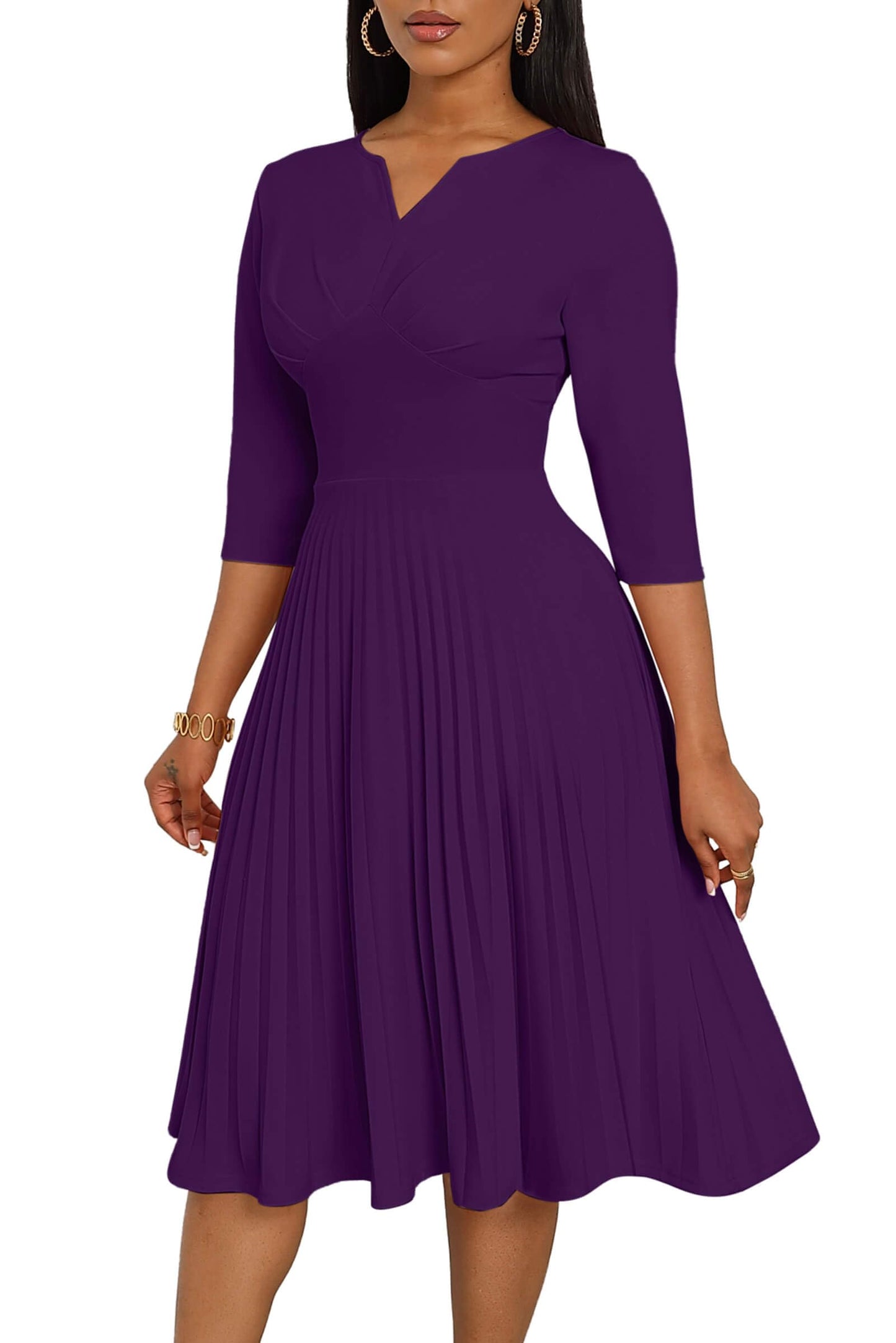 CLOCOR Midi Dresses for Women, 3/4 Sleeve A Line Pleated Casual Dress V Neck Church Cocktail Wedding Guest Dress