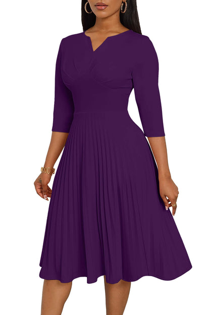 CLOCOR Midi Dresses for Women, 3/4 Sleeve A Line Pleated Casual Dress V Neck Church Cocktail Wedding Guest Dress