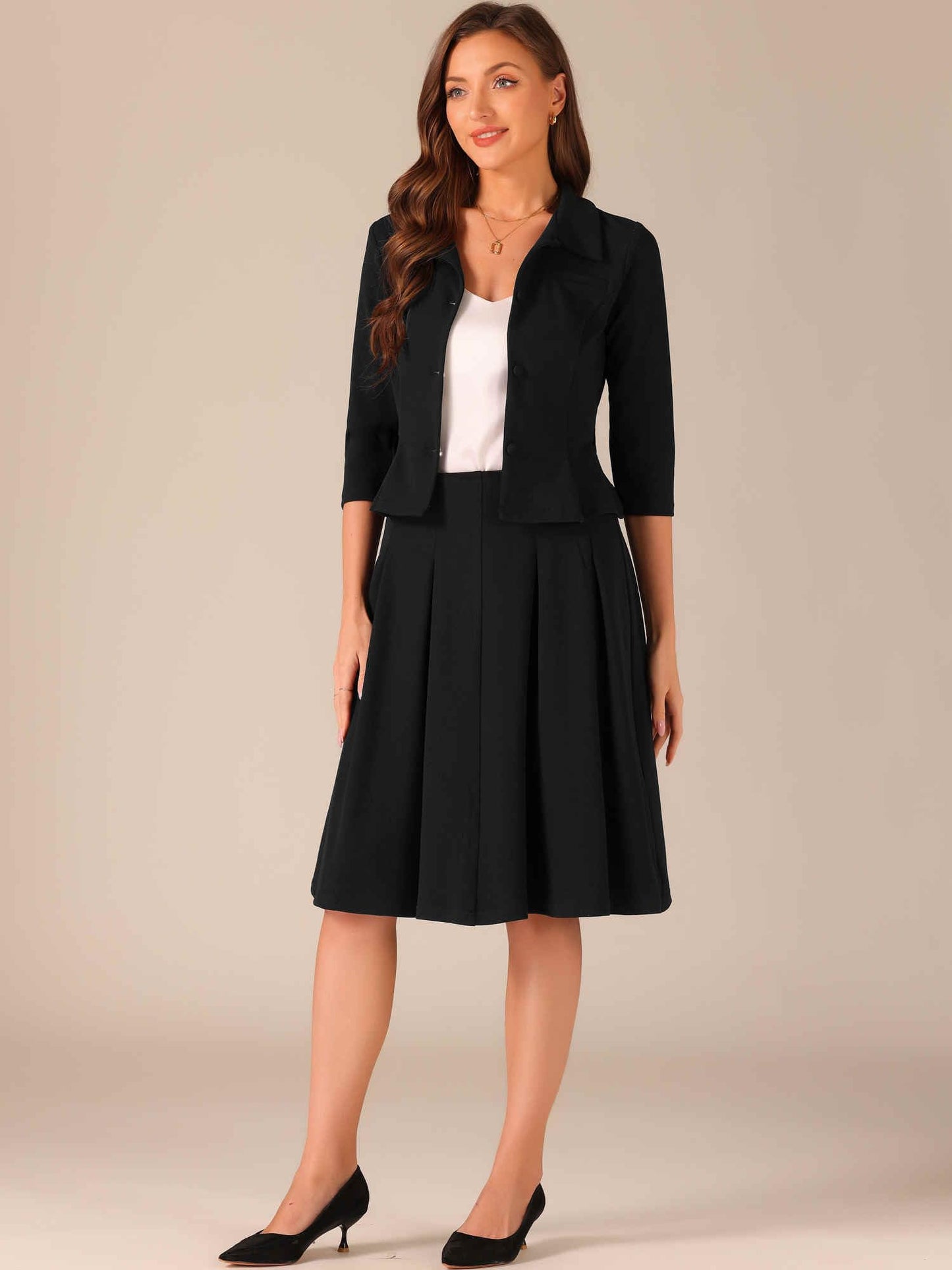 Allegra K Business Skirt Suit Sets for Women's 2 Piece Outfits Office 3/4 Sleeve Blazer Jacket Pleated Skirts