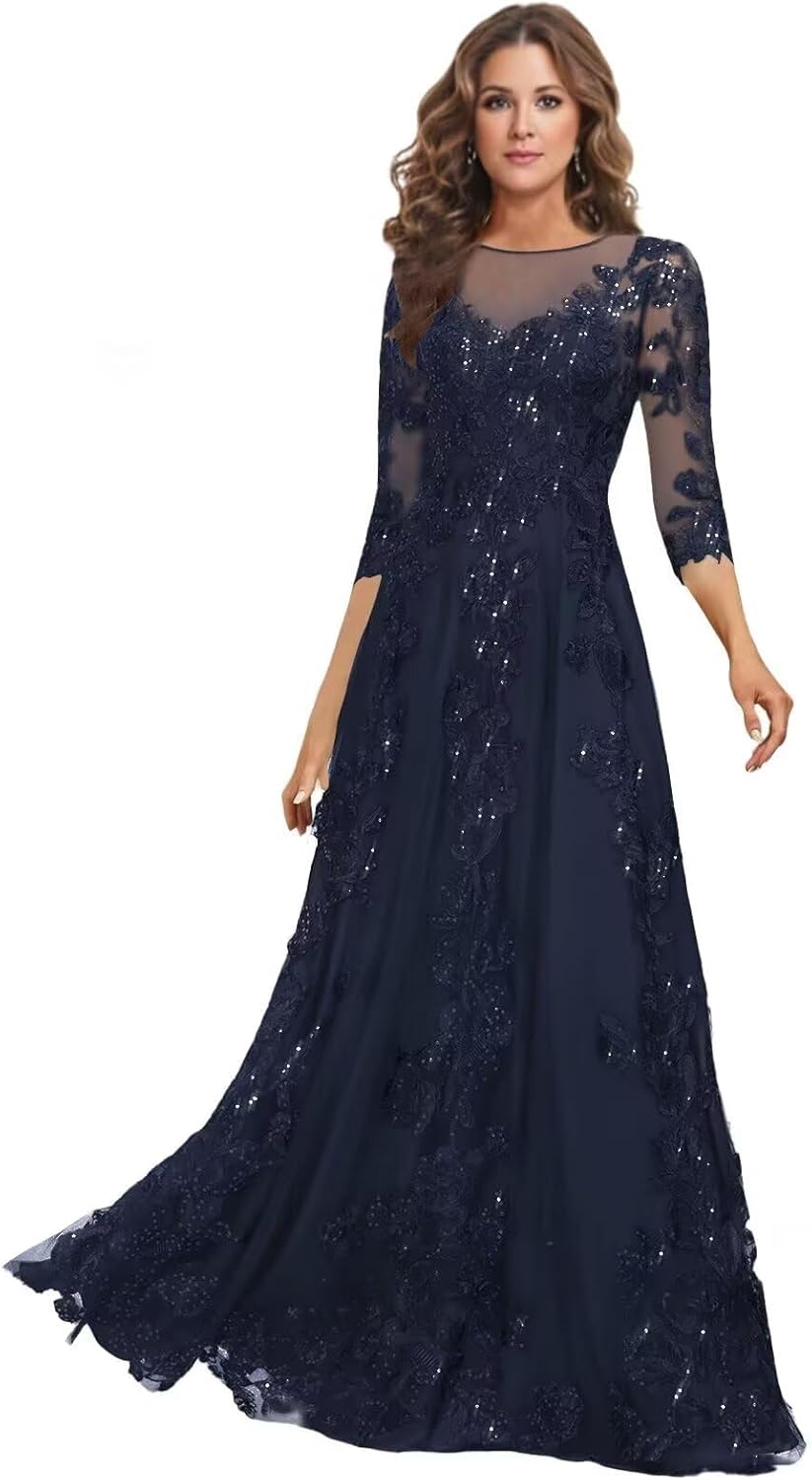 Lace Mother of the Bride Dress Long for Wedding Party Guest 3/4 Sleeves Formal Evening Gown JH028