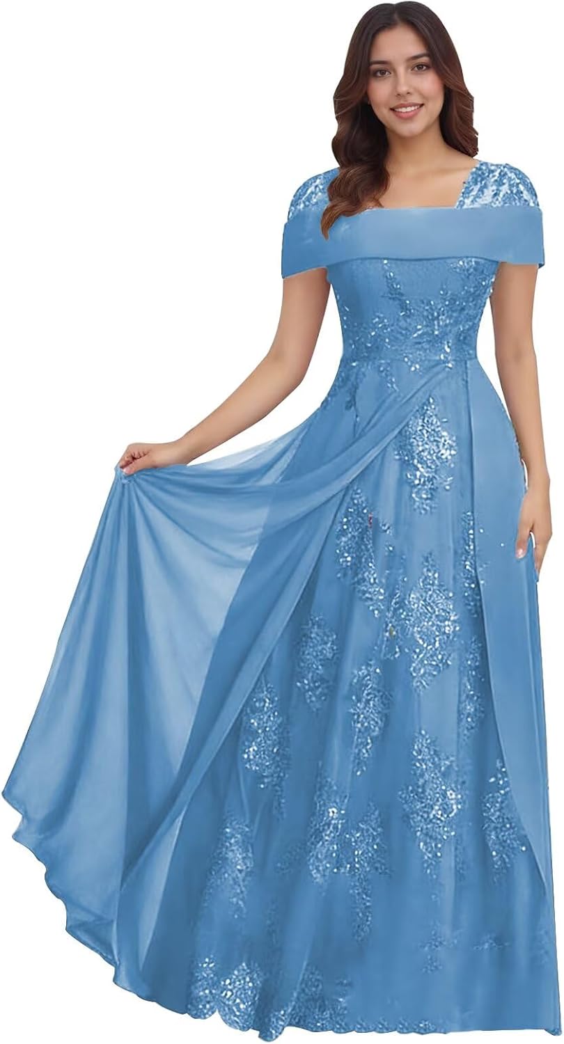 Lace Sequin Applique Mother of The Bride Dresses for Wedding Cap Sleeve A Line Long Wedding Guest Dresses for Women