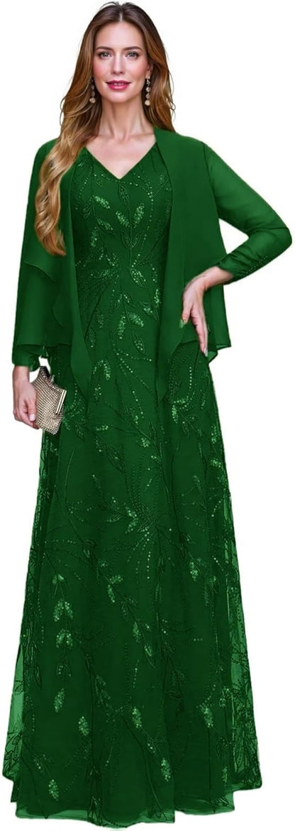 2 Piece Sequin Lace Mother of The Bride Dresses for Women with Jacket V Neck Long Formal Dresses Evening Gown
