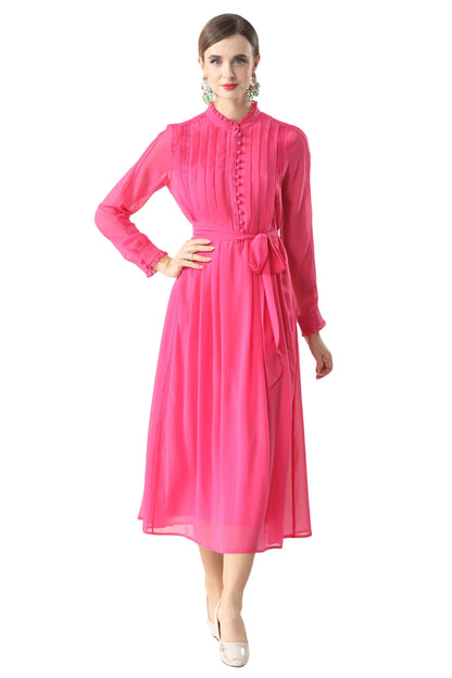 Women's 2026 Spring Fall Midi Dress with Belt Casual Long Sleeve Lace V Neck Pleated A Line Flowy Dresses for Work or Daily