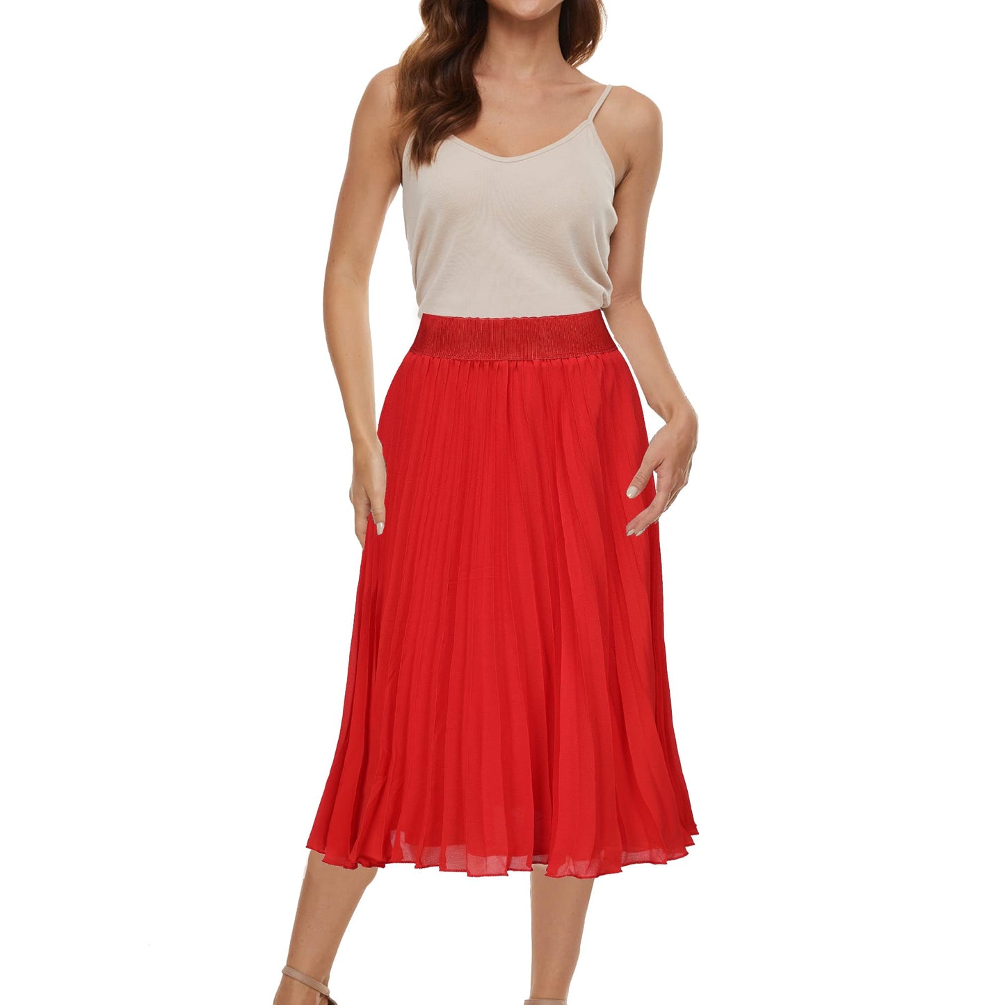 Womens Chiffon High Waist Skirt Pleated A-Line Swing Elastic Shirring Midi Length