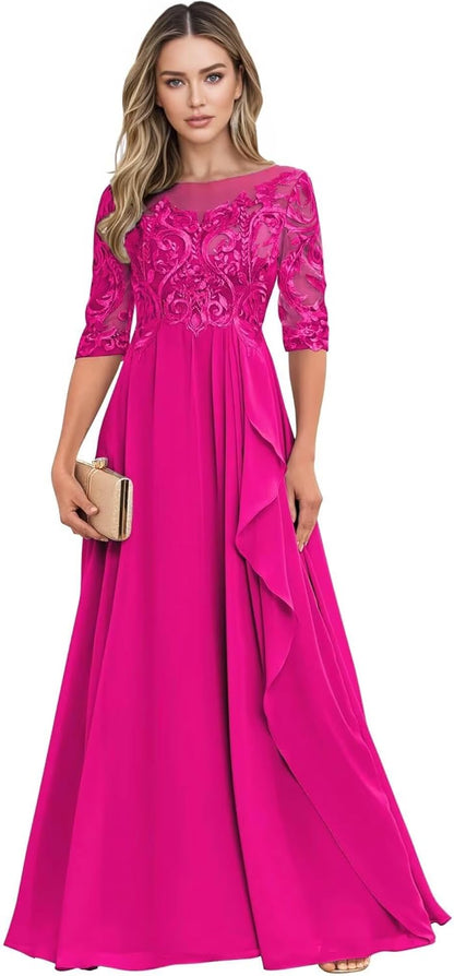 Long Mother of The Bride Dresses for Wedding Guest Half Sleeves Ruffle A Line Evening Party Gown HX012