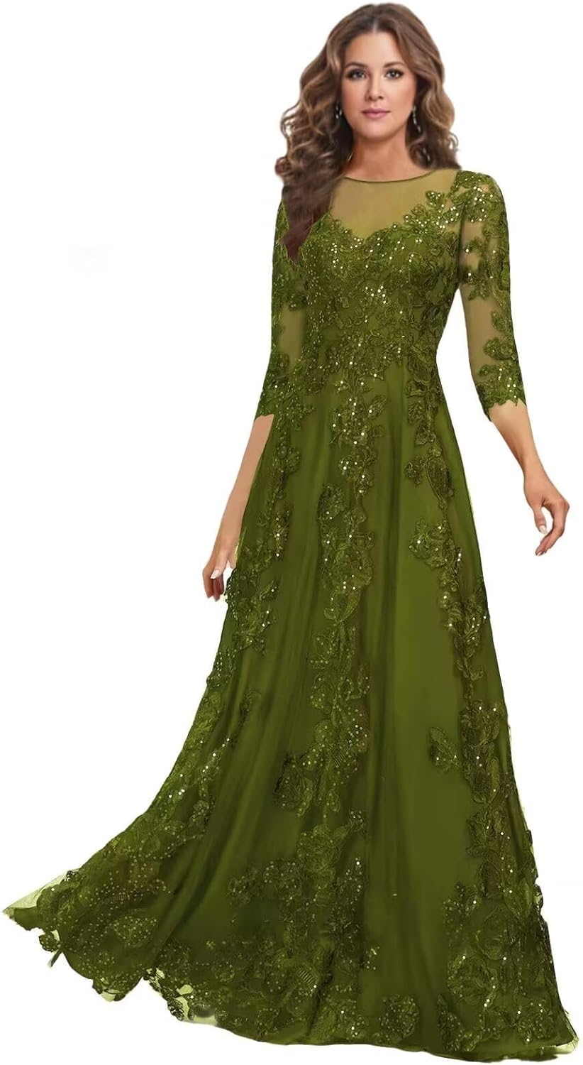 Lace Mother of the Bride Dress Long for Wedding Party Guest 3/4 Sleeves Formal Evening Gown JH028