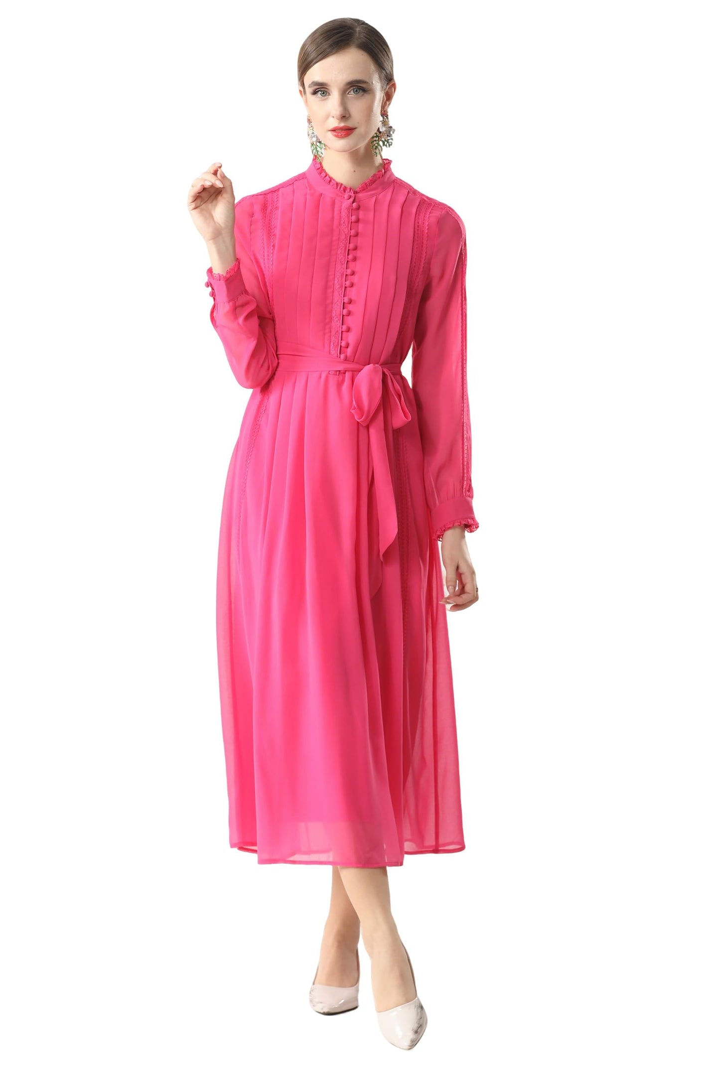Women's 2026 Spring Fall Midi Dress with Belt Casual Long Sleeve Lace V Neck Pleated A Line Flowy Dresses for Work or Daily